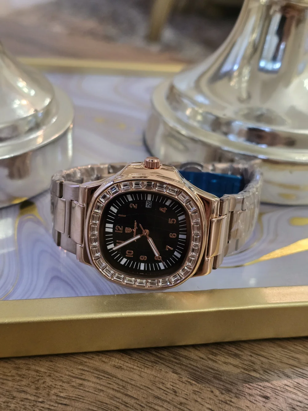 Rose Gold Men's Watch with Black Dial by -